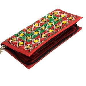 Red Embroidered Women’s Wallet with Colorful Pattern